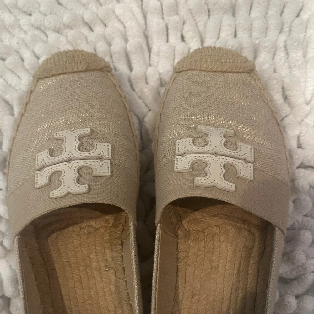 Tory Burch Neutral Beige Canvas Logo Espadrille Flats